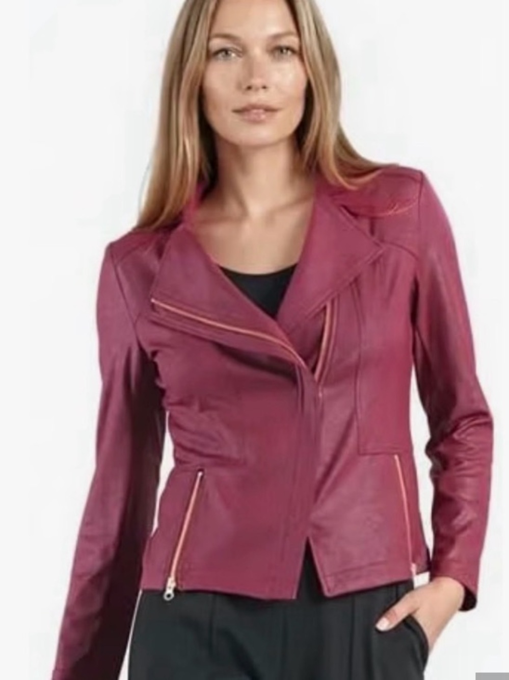 Clara Sun Woo liquid Leather faux moto jacket asymmetrical zip stretch sz XS